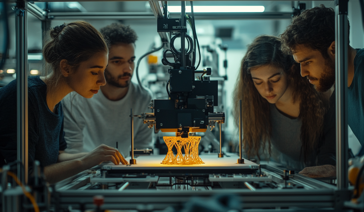 Menschen stehen um einen 3D-Drucker herum und beobachten den Druckvorgang.